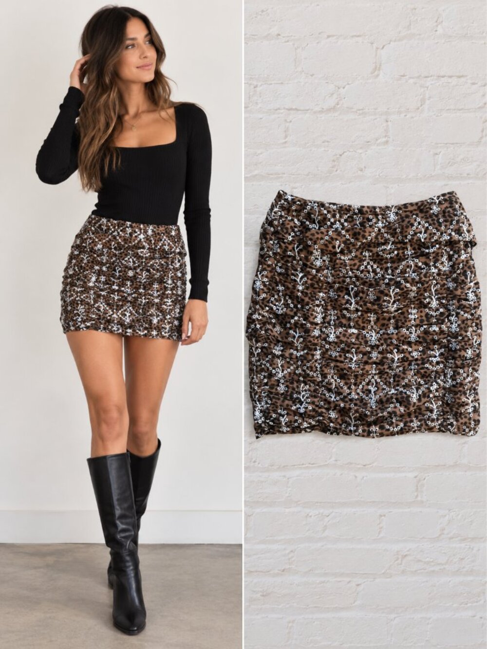 Free the Roses Brown Leopard Floral Eyelet Ruched Mini Skirt Y2K Coquette S